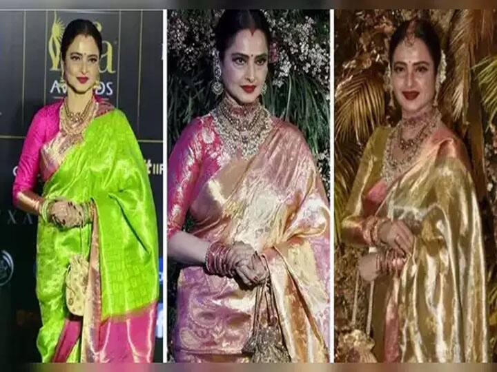 लाल और गोल्डन रेखा के पसंदीदा रंग हैं और वो अक्सर इन दोनों रंगों की साड़ी में नज़र आती हैं. शादियों, त्योहारों और कार्यक्रमों के लिए उनके पास साड़ी का एक अलग ही कलेक्शन है. रेखा की तरह आप भी अपने लुक को निखारने के लिए चमेली के फूलों का गजरा कैरी कर सकती हैं ताकि आप रेखा वाले लुक को फील कर सके.