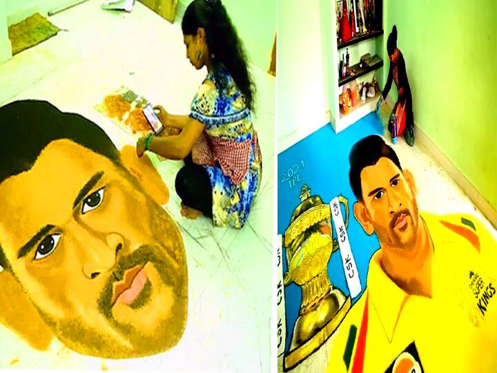 Pondicherry painting graduate girl draws dhoni figure in 12 feet rangoli as CSK wants to win சிஎஸ்கே வெற்றிபெற வேண்டும்.. 12 அடியில் தோனியின் உருவத்தை ரங்கோலியாக வரைந்த புதுச்சேரி பட்டதாரி