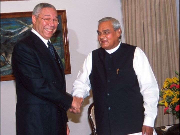 Colin Powell with then Prime Minister Atal Bihari Vajpayee in New Delhi in October 2001, during his first visit to India after becoming the US secretary of State | Photo: Getty 