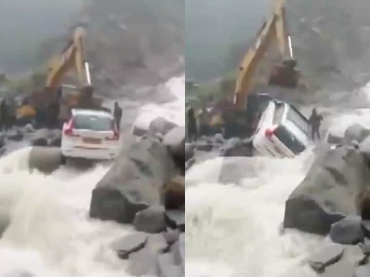 Car stuck in a landslide near Lambagad drain Badrinath National Highway rescued by BRO Uttarakhand