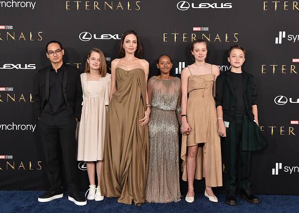 Angelina Jolie made an elegant arrival for the “Eternals” premiere. She was joined by her 5 children at the star-studded event. [pic credit: Gettyimages]