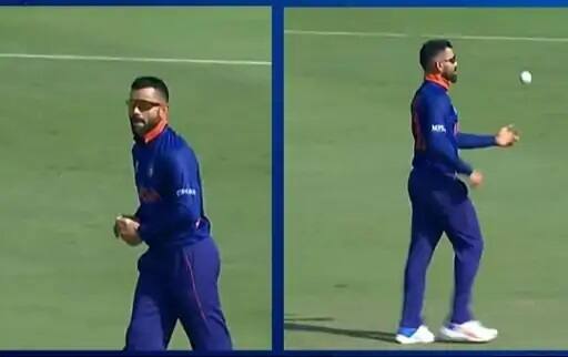 t20 world cup 2021: Steve smith did copy of virat kohli bowling action in warm up match, Video વિરાટની બૉલિંગ એક્શનને જોઇને કયો બેટ્સમેન હંસી પડ્યો ને પછી વિરાટ સામે જોઇને શું કર્યો ઇશારો, જુઓ વીડિયો