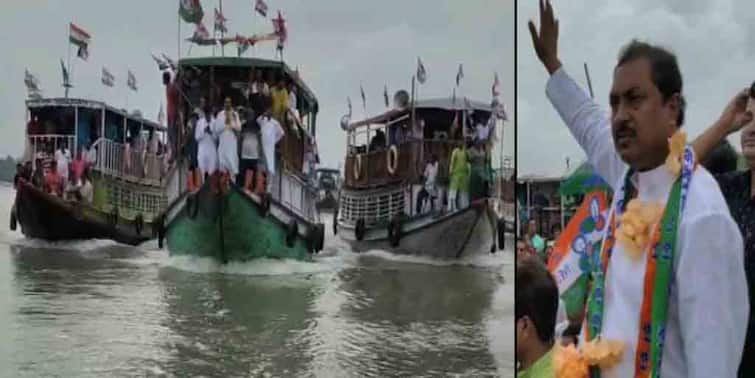 Gosaba by poll TMC candidate Subrata Mondal campaigns by boat at last moment Gosaba By-Poll : গোসাবায় শেষলগ্নে নৌকায় চেপে ভোট প্রচার তৃণমূল প্রার্থীর