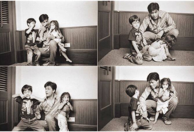 Aryan's sister Suhana also shared a collage of adorable childhood pics of the siblings with their father.