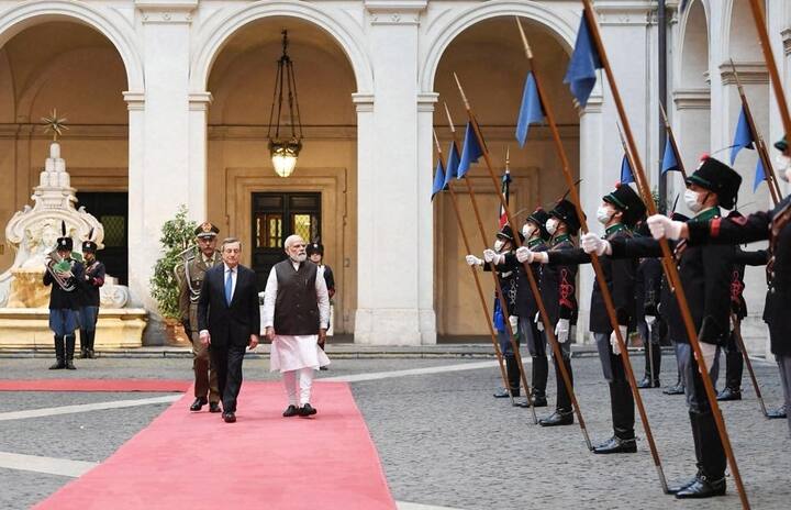 Prime Minister Modi arriving in meet his Italian counterpart Mario Draghi in Rome, Italy for their one-on-one meeting.  (Image Source: PTI)