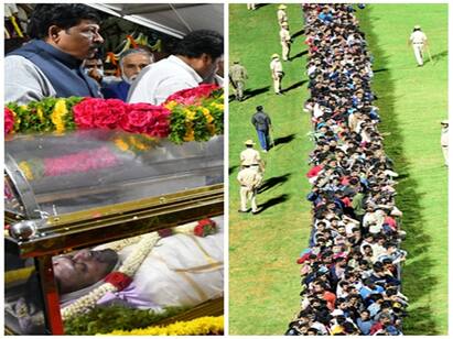 Fans pay homage to the body of the late famous actor Puneet Rajkumar Watch Video: ஸ்தம்பித்தது பெங்களூரு... புனீத் உடலுக்கு அஞ்சலி செலுத்த குவிந்த கர்நாடகம்!