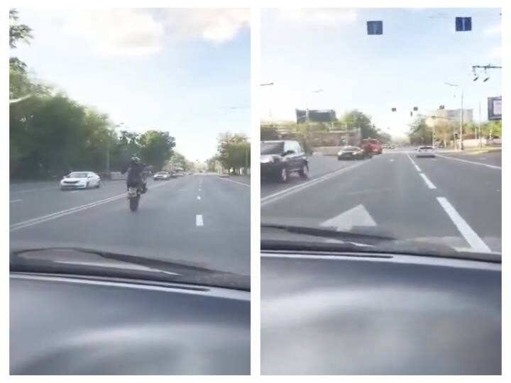Video of man's bike stunt going bizarre goes viral in twitter Watch Video | நடுரோட்டில் வெத்து சீன்.. விபத்தில் முடிந்த பைக் ஸ்டண்ட்.. வைரல் வீடியோ!