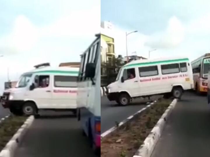 Ambulance stuck in traffic jam in Pondicherry; Ambulance driver crossing the barrier gracefully and being rushed to hospital புதுச்சேரி: போக்குவரத்து நெரிசலில் சிக்கி கொண்ட ஆம்புலன்ஸ் - லாவகமாக வாகனத்தை இயக்கிய ஓட்டுநர்