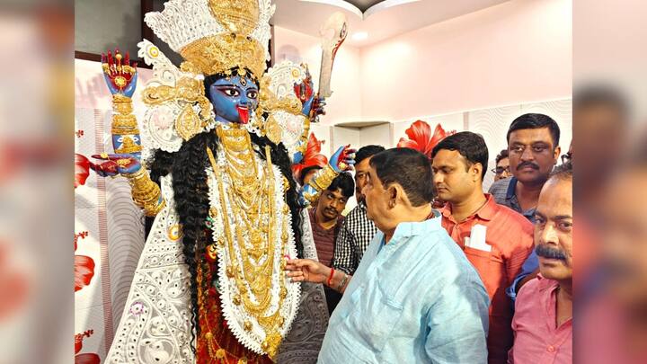 মাথায় সোনার মুকুট, অঙ্গে সোনার কারুকাজ করা হার। হাতে মান্তাসা, বালা... আরও কত কী। ৫৭০ ভরি সোনার গয়নায় সাজলেন বীরভূমের ‘কেষ্ট কালী’।