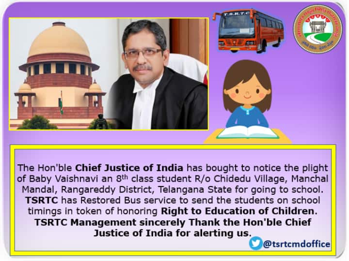 8th class student letter to CJI Justice NV Ramana Over Bus services TSRTC: మా ఊరికి బస్సు రావట్లేదు.. సీజేఐ జస్టిస్ ఎన్వీ రమణకు లేఖ రాసిన విద్యార్థిని.. స్పందించిన సజ్జనార్