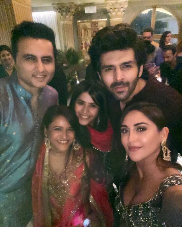 Kartik Aaryan, who has collaborated with Ekta for 'Freddy', looked dapper in a maroon kurta. The photo, which was shared by Kapoor, also featured Krystle and Rohini Iyer.