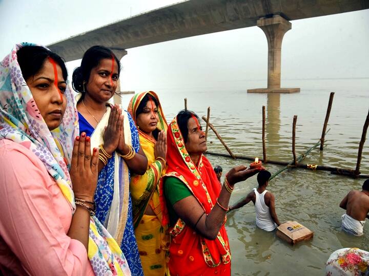 Chhath Puja is mainly celebrated in Bihar, Jharkhand, and parts of Uttar Pradesh. In this photo, Hindu devotees offer prayers at the banks of River Ganga during the first day of four days long Chhath Puja celebration, in Patna, Monday, Nov. 8, 2021. (PTI Photo)