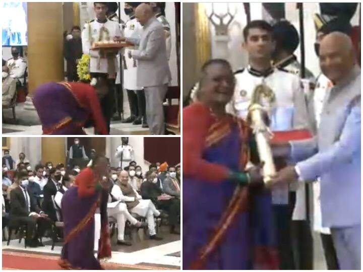 Manjamma Jogathi gesture won everyone heart while receiving the Padma award Padma Shri Award 2021: पद्म पुरस्कार लेते हुए मंजम्मा जोगाठी के अंदाज ने जीता सबका दिल, तालियों से गूंज उठा राष्ट्रपति भवन