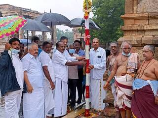 வரும் 13ஆம் தேதி ராஜராஜ சோழனின் 1036ஆவது சதய விழா - பெரியகோயிலில் நடப்பட்ட பந்தக்கால்