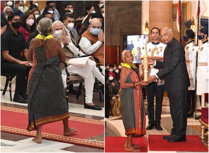 the barefoot environmentalist Tulsi Gowda, whose pic receiving Padma Shri went viral 'पद्मश्री' तुलसी गौड़ा के जज्बे की कहानी: अबतक 30 हजार से ज्यादा पौधे लगाए, 6 दशकों से पर्यावरण के संरक्षण में जुटीं 