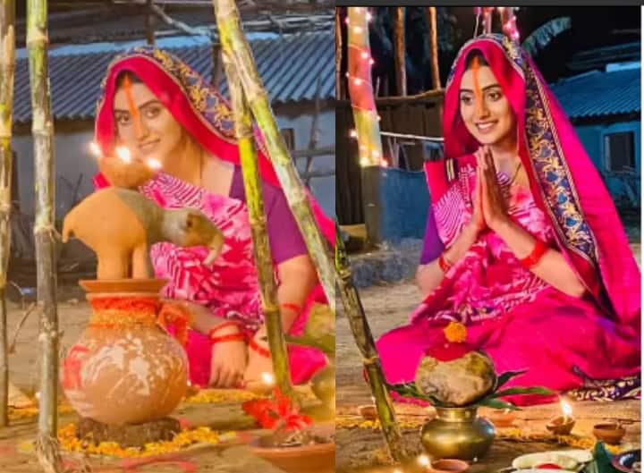 भोजपुरी एक्ट्रेस अक्षरा सिंह गुलाबी रंग की साड़ी पहनकर पूजा करते दिखाई दीं. उन्होंने नाक से लेकर मांग तक लंबा सिदूंर लगाया था. इस तरह से सिंदूर लगाना शुभ माना जाता है.
