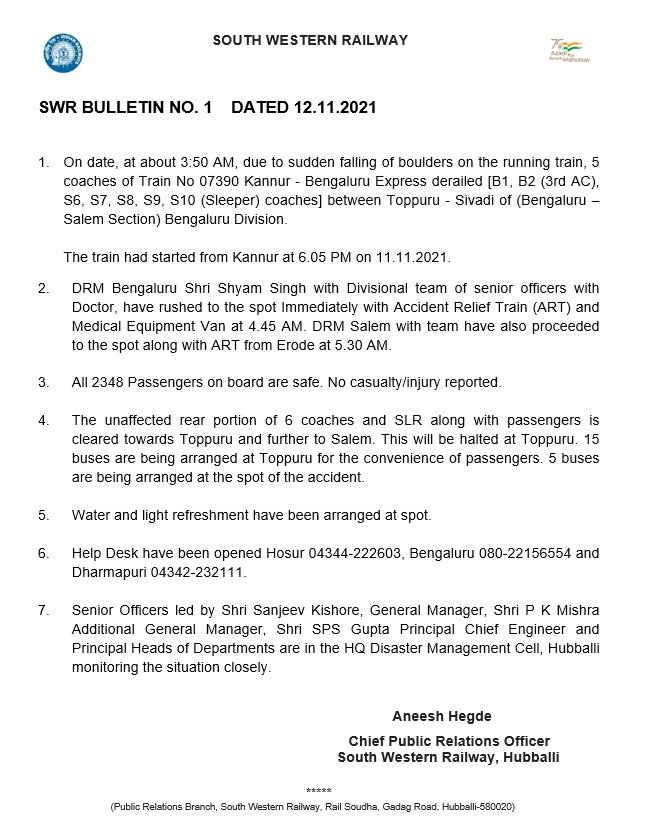 Seven Coaches Of Bengaluru-Bound Train Derailed After Boulders Fall On It, No Casualties Reported
