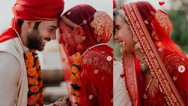 Rajkummar Rao-Patralekhaa Wedding Know what is meaning of Bangla text written on Patralekhaa Wedding Saree Patralekhaa Wedding Saree: 'পরাণ ভরা ভালোবাসা সমর্পণ', পত্রলেখার বিয়ের পোশাকে বাংলার পরশ