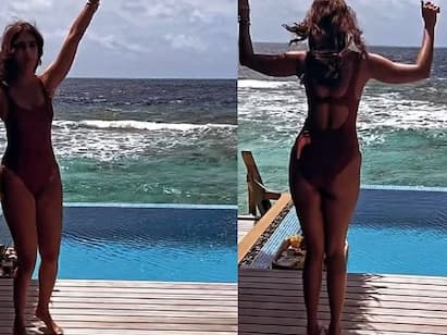 Actress pooja hegde beach dance goes viral Watch  Video | மாலத்தீவு கடலில் நீச்சல் உடையில் பீச் டான்ஸ் ஆடிய பூஜா! வைரல் வீடியோ!