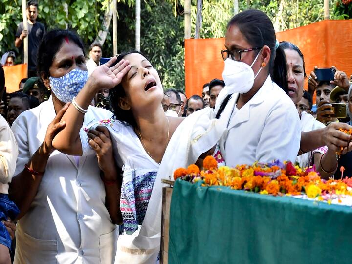 Earlier today, a tearful farewell was also accorded to Suman Swargiary, an Assam Rifles personnel killed in a militant ambush in Manipur, at his residence in Assam's Baksa district on Monday, with his inconsolable wife saluting the mortal remains for the final time amidst heart-wrenching cries. (PTI Photo)