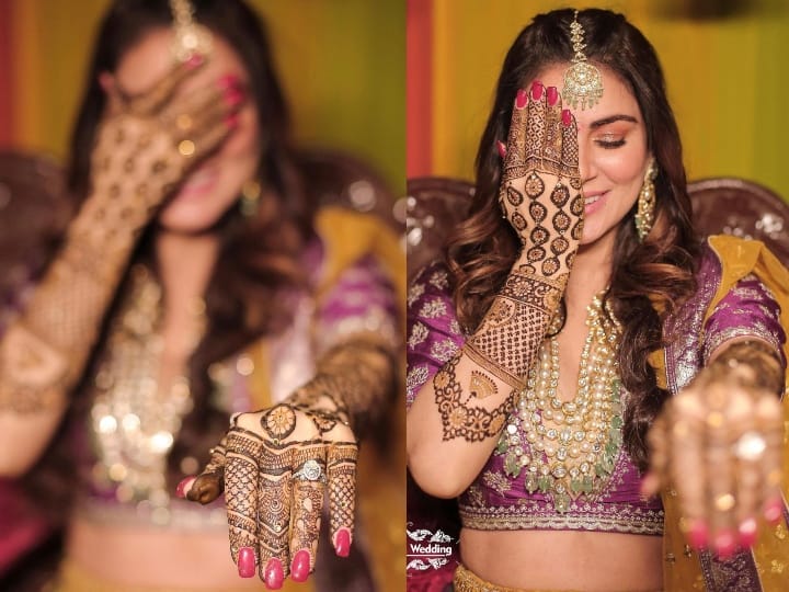 Shraddha Arya and rahul sharma Mehendi Ceremony, Bride to be flaunts her engagement ring and mehndi in purple lenhga Shraddha Arya Mehndi: Shraddha Arya के हाथ में लगी Rahul Sharma के नाम की मेहंदी, एक्ट्रेस ने फ्लॉन्ट की सगाई की अंगूठी