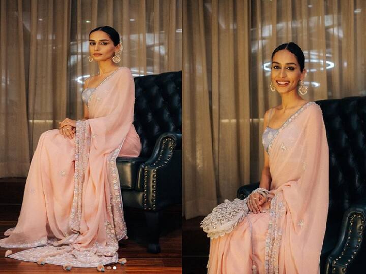 Miss World Manushi Chhillar  in anita dongre pink saree Miss World Manushi Chhillar :  लाखो रुपयांच्या गुलाबी साडीत खुललं Manushi Chhillar चं सौंदर्य; खास फोटो चर्चेत