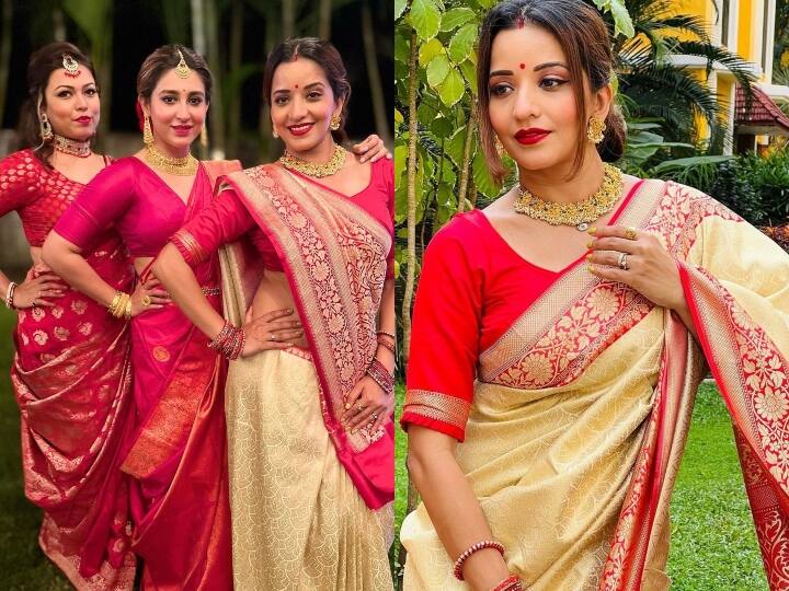 Pernikahan Puja-Kunal: Monalisa merampok pertemuan dengan mengenakan sari merah di pernikahan aktris Puja Banerjee dan Kunal Verma