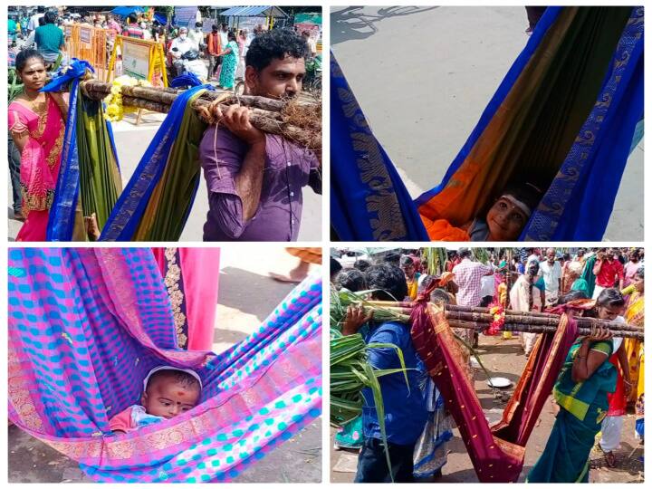 Devotees pay obeisance at the Annamalaiyar Temple in Thiruvannamalai by building a cane cradle திருவண்ணாமலை கார்த்திகை தீபத் திருவிழா - கரும்புத் தொட்டில் கட்டி பக்தர்கள் நேர்த்திக்கடன்