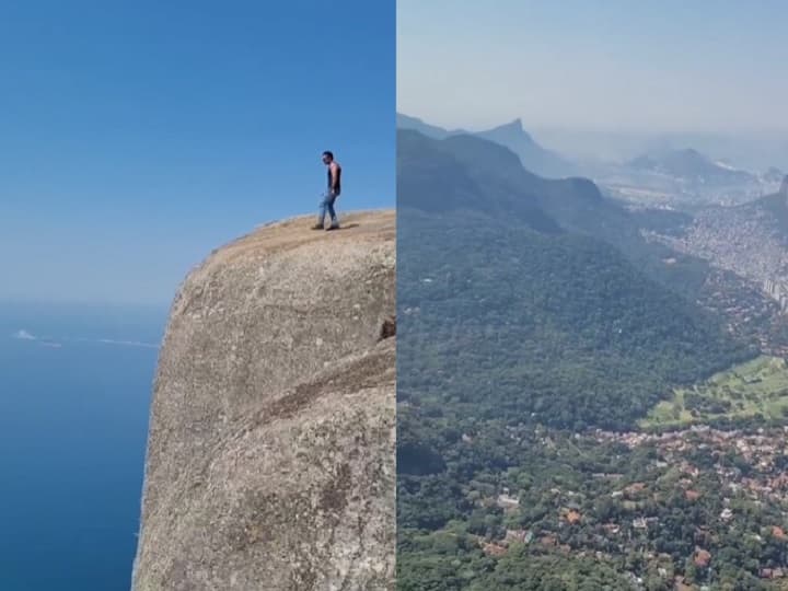 Shocking Viral Video of a Man on mountain netizens react in this way Viral Video: अनोखी फोटो खिंचवाने के चक्कर में शख्स ने जोखिम में डाली अपनी जान, पहाड़ के छोर तक पहुंचा और फिर हुआ ये...