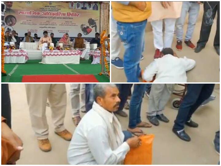 Madhya Pradesh Bhind district, Divyang fell at the feet of the minister in need of help ANN MP News: भिंड में दिव्यांगों को नहीं मिल रहा सरकारी योजनाओं का लाभ, मदद के लिए मंत्री के पैरों में गिरा दिव्यांग