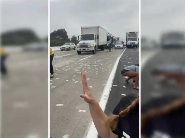 cash flew out of armored vehicle video in california highway Cash Flew Out of Vehicle in California:  'पैशांचा पाऊस!' ; ट्रकमधून उडून आल्या नोटा, पैसे गोळा करायला लोकांची गर्दी, पाहा व्हिडीओ