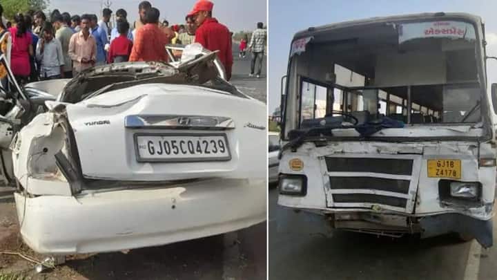 Rajkot : ટાયર ફાટતાં ડિવાઇડર કૂદીને કાર બસમાં ઘૂસી ગઈ, લગ્નપ્રસંગમાં જતાં સુરતના પટેલ પરિવારનાં 5ના મોત Rajkot : five family members died on the spot after accident on Gondal high way Rajkot : ટાયર ફાટતાં ડિવાઇડર કૂદીને કાર બસમાં ઘૂસી ગઈ, લગ્નપ્રસંગમાં જતાં સુરતના પટેલ પરિવારનાં 5ના મોત