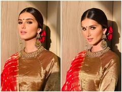 Tara Sutaria Photos: माथे पर बिंदी, बालों में गुलाब और लाल साड़ी पहने बला की खूबसूरत लग रही हैं Tara Sutaria, यहां देखें तस्वीरें