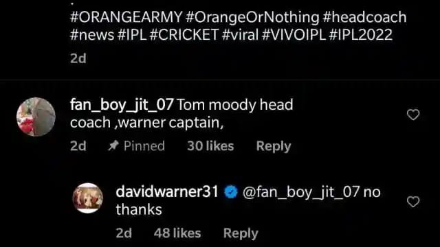 No Thanks': David Warner's Blunt Reply To Fan Asking Him To Captain SRH In IPL 2022