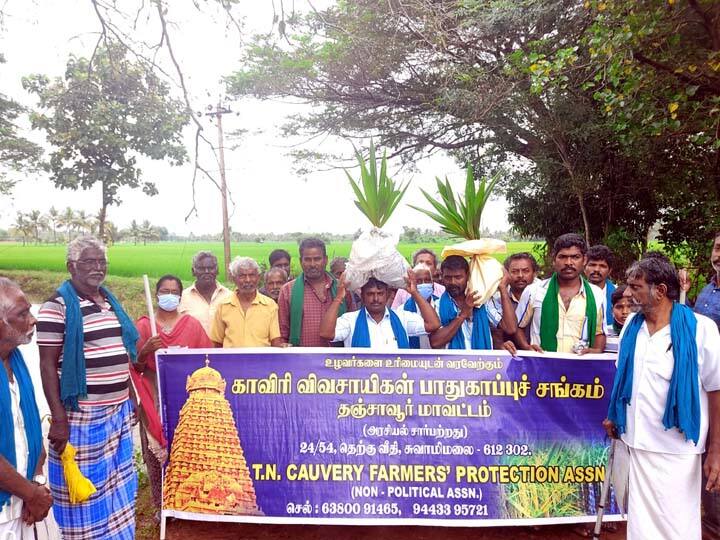 Kumbakonam paddy road protest - Demand for declaration of farmers who lost their lives fighting against agricultural law as freedom fighters விவசாயிகளை விடுதலை போராளிகளாக அறிவிக்க கோரி நெல்மணிகளை சாலையில் கொட்டி போராட்டம்