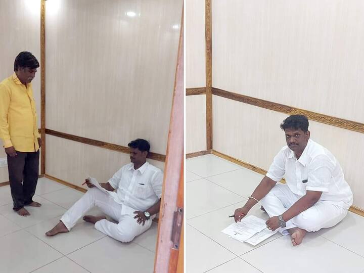 Room is reserved but table and chair are not provided; DMK MLA sitting on the floor working ரூம் கொடுத்தாங்க.. நாற்காலி கூட இல்லை - தரையில் அமர்ந்து பணி செய்யும் திமுக எம்எல்ஏ