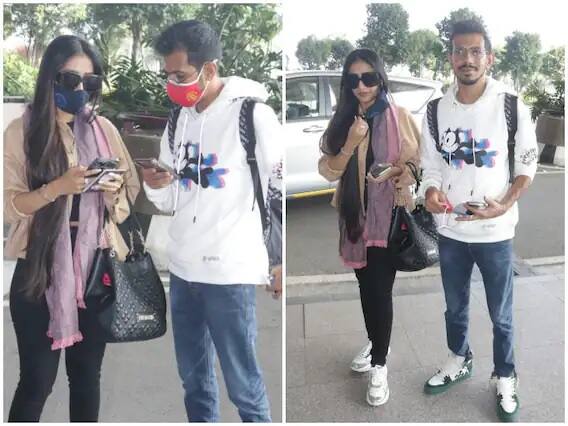 বিমানবন্দরে ফোনে ব্যস্ত দেখা গেল ধনশ্রী ভার্মাকে, স্বামী যুজবেন্দ্র চাহালও ছিলেন সঙ্গে।