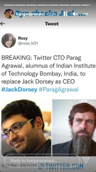 Kangana Ranaut Reacts As Parag Agrawal Takes Over Jack Dorsey As Twitter CEO