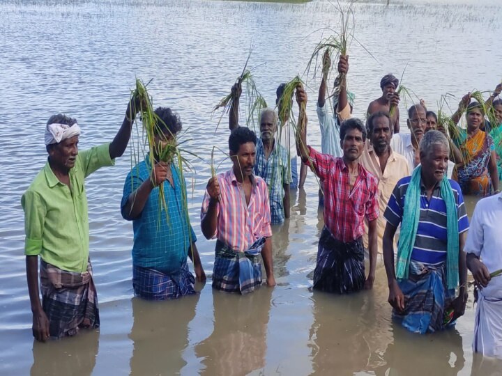 மயிலாடுதுறை: தண்ணீர் தேங்கியுள்ள வயலில் இறங்கி ஆர்ப்பாட்டத்தில் ஈடுபட்ட விவசாயிகள்!