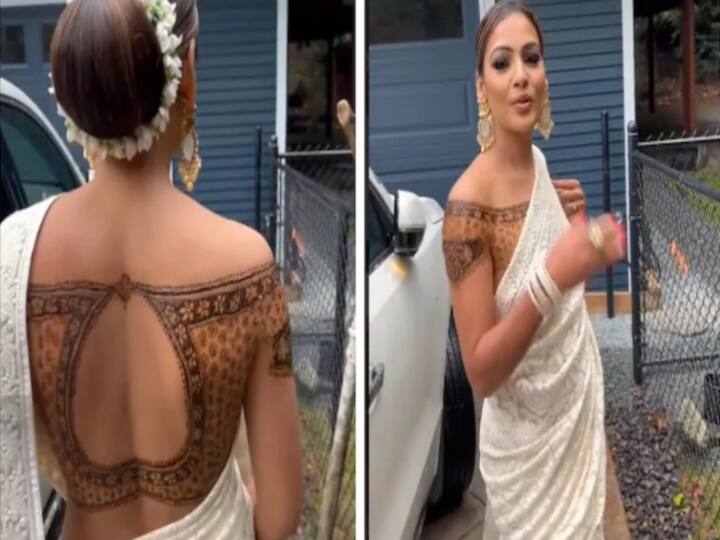 woman wearing henna blouse with saree video goes viral Viral Video: महिला ने साड़ी के साथ पहना ऐसा ब्लाउज कि वायरल हो गया वीडियो, लोगों ने किए ये कमेंट