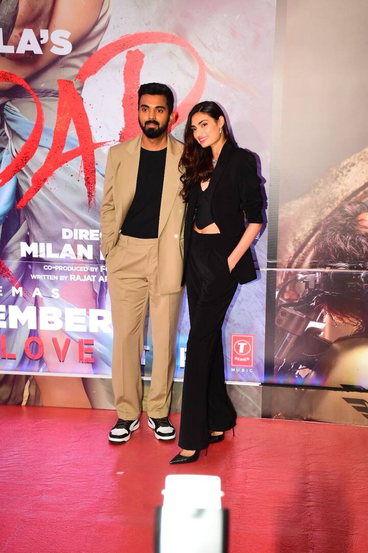Athiya Shetty and cricketer KL Rahul made their first red carpet appearance as a couple at the premiere of Tadap. The duo came to support Athiya's brother ahead of the release of his debut film.