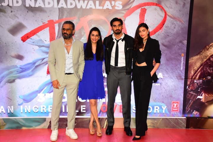 Suniel Shetty’s son Ahan Shetty who is gearing up for the release of his debut film Tadap attended the grand premiere of his movie in Mumbai on Wednesday.