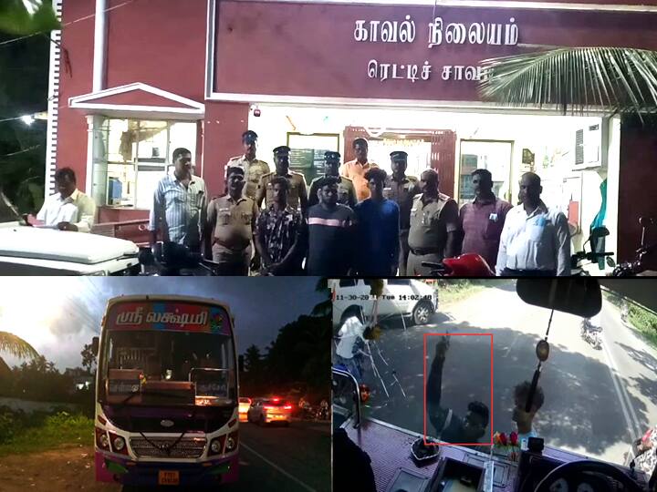 Rowdies break the glass of a private bus from Pondicherry to Cuddalore and break the glass with a scythe பேருந்தை நிறுத்தாத டிரைவர்... வழிமறித்து அரிவாளால் தாக்கிய ரவுடி கும்பல்!