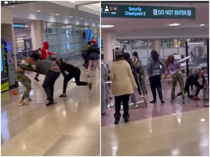 Passengers collide at US Minneapolis−Saint Paul International Airport Watch Video: நம்ம ஊரு பஸ் ஸ்டாண்ட் தோத்திடும்... அமெரிக்க விமான நிலையத்தில் அடித்து உருண்ட பயணிகள்!