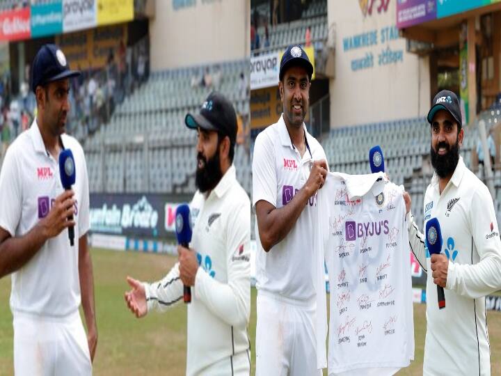 Indian Spinner R Ashwin asks about 10 wickets in an Innings in Test match to Ajaz Patel after Mumbai test today Watch Video| பத்து பத்தா எப்படி விக்கெட் எடுக்குறது சொல்லுய்யா முதல்ல.. அஸ்வினும், அஜாஸும் கலக்கும் வீடியோ