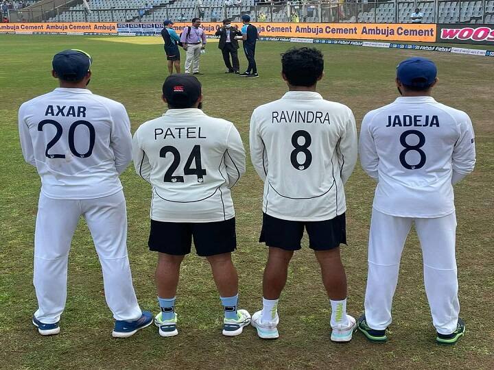 Axar, Ajaz, Jadeja and Rachin's name pictures goes viral on twitter after second test match in mumbai Viral Photo: அக்சர் படேல் - ரவீந்திர ஜடேஜா! ”ரெண்டு இல்ல நாலு பேரு” - வைரலாகும் கிரிக்கெட் க்ளிக்..