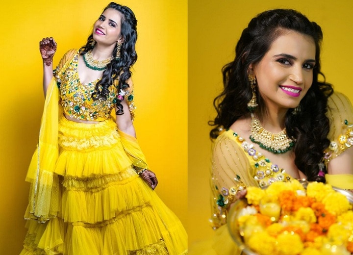 Sun Yellow Skirt, Crop Top And Jacket With 3D Flowers And Embossed  Embroidery | Indian fashion dresses, Party wear indian dresses, Lehenga  crop top