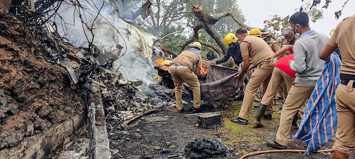 The chopper crashed in the forest area, reportedly due to poor visibility following heavy fog. Rescue personnel, along with Army men, were seen involved in clearing the area. Medical teams from nearby Coimbatore, including burns specialists, have also been sent to Coonoor to treat the injured. (Image: PTI)