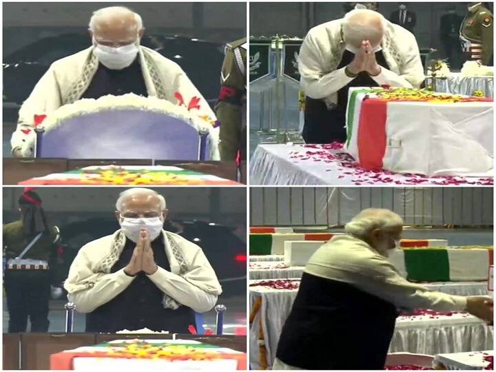 PM Narendra Modi pays last respects to Late CDS General Bipin Rawat Wife Madhulika Rawat 11 army personnel lost life Coonoor helicopter crash PM Modi Tribute: పాలెం ఎయిర్​బేస్ లో బిపిన్ రావత్ సహా అమర వీరులకు ప్రధాని మోడీ నివాళులు.. త్రివిధ దళాల అధిపతులు కూడా..