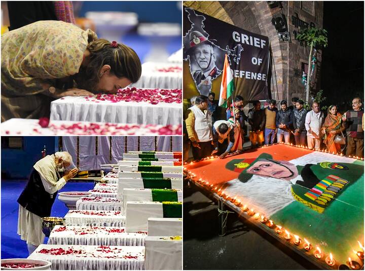 प्रधानमंत्री नरेंद्र मोदी और देश के शीर्ष सैन्य अधिकारियों ने भारत के पहले प्रमुख रक्षा अध्यक्ष (सीडीएस) जनरल बिपिन रावत, उनकी पत्नी मधुलिका रावत, ब्रिगेडियर एल एस लिद्दर और 10 अन्य रक्षा कर्मियों को को पालम हवाई अड्डे पर श्रद्धांजलि अर्पित की. इस दौरान जनरल रावत की दोनों बेटियां भी मौजूद रही. जब जनरल रावत की बेटियों ने पिता के शव के ताबूत को चूमा तो हर किसी के आंख नम हो गईं. देखिए तस्वीरें.